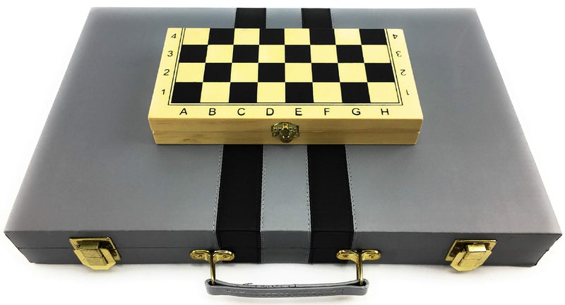 Matty's Toy Stop Deluxe 15" Backgammon Briefcase (Vinyl Gray Attache) with 3-in-1 Chess, Checkers & Backgammon Wooden Travel Games Set (8") - Image 3